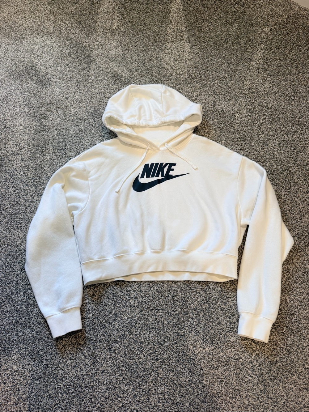 Nike White Cropped Hoodie with Black Logo Size Small.